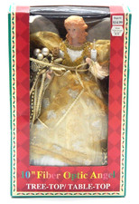VTG Fiber Optic Christmas Angel Tree Topper 10" Gold Satin Dress Lighted Boxed