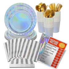 Shiny Silver Holographic Paper Plates Party Set for 30 Guests Iridescent Part...