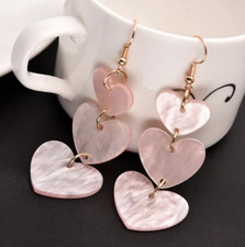 Pink Three Heart Drop Earrings - Acrylic, Love Valentines Cute Earrings, Wife