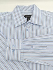 Pronto Uomo Mens Blue Stripe 100 Cotton Dress Shirt L 16.5x35 Regular Fit