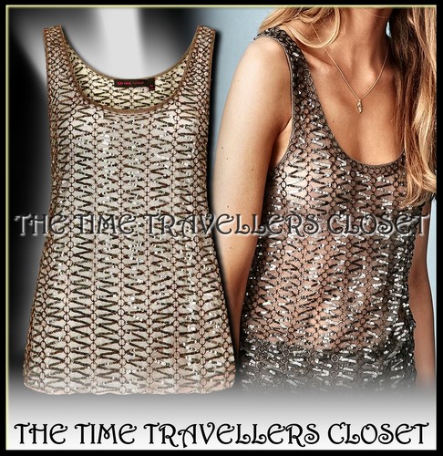 KATE MOSS TOPSHOP SHEER MESH SEQUIN 1/500 SILVER RING VEST TOP M UK 12 40 8 - Picture 3 of 5