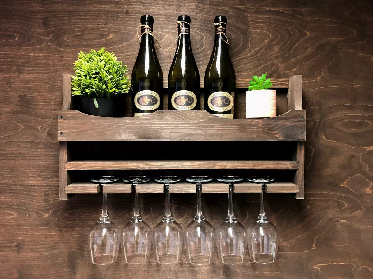 Wine Rack Shelf Rustic - Bottle & 6 Glass Holder - Personalised Home Bar  (6DO)EM