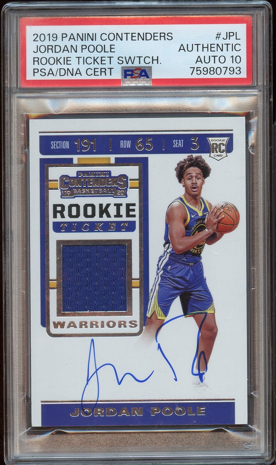 2019 Panini Contenders Rookie Ticket Jordan Poole RC Patch Auto PSA 10 GEM MINT