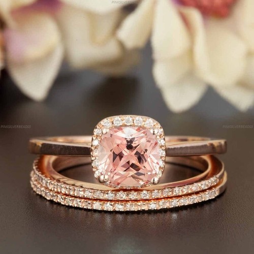 Morganite Diamond Trio Hochzeitsband Jubiläumsring für Mädchen 14 Karat Roségold