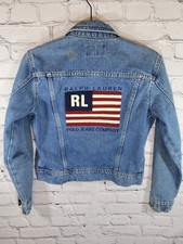 VNTG 90s Ralph Lauren Polo Jeans Co denim jacket USA flag patch SPELLOUT Sz Smal