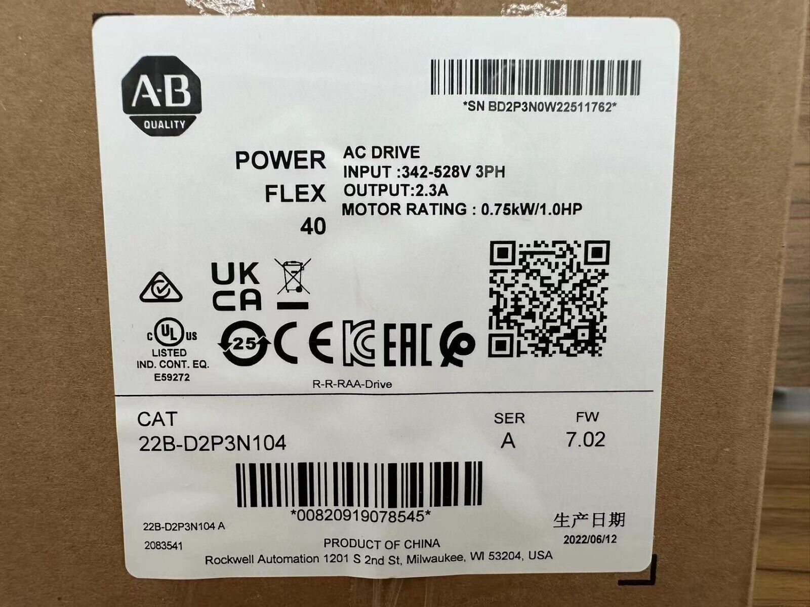 Allen Bradley 22BD2P3N104 22BD2P3N104 PowerFlex 40 AC Drive SURPLUS IN