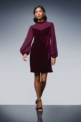 Wallis Damen Etuikleid Weinrot Samt Chiffon Langarm Hochzeit