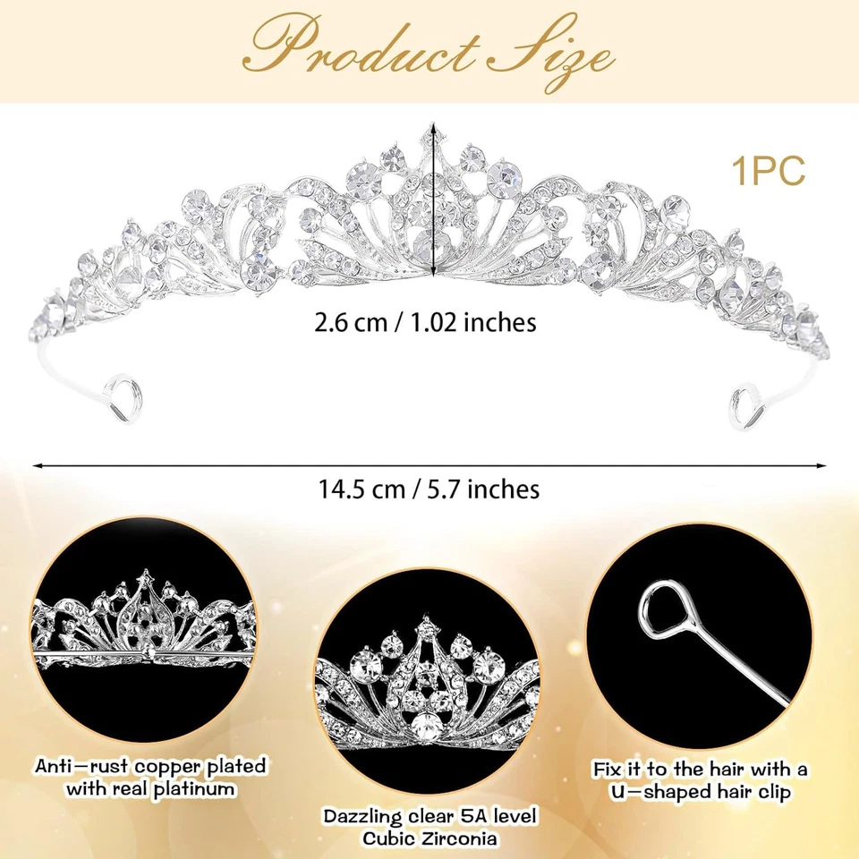 1 Corona Di Strass Argentati Da Donna, Principessa Diadem, Elegante Corona per M - Immagine 2 di 4