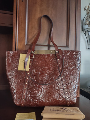 Patricia Nash Benvenuto Tooled Florence Leather Large Tote Turnlock British Tan
