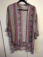Women's Open Front Crochet Details Fringe Kimono Duster Size L Boho Flowy Hippie