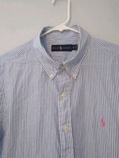 Ralph Lauren Short Sleeve Shirt Men's XL Blue  White Stripe Button Up Cotton