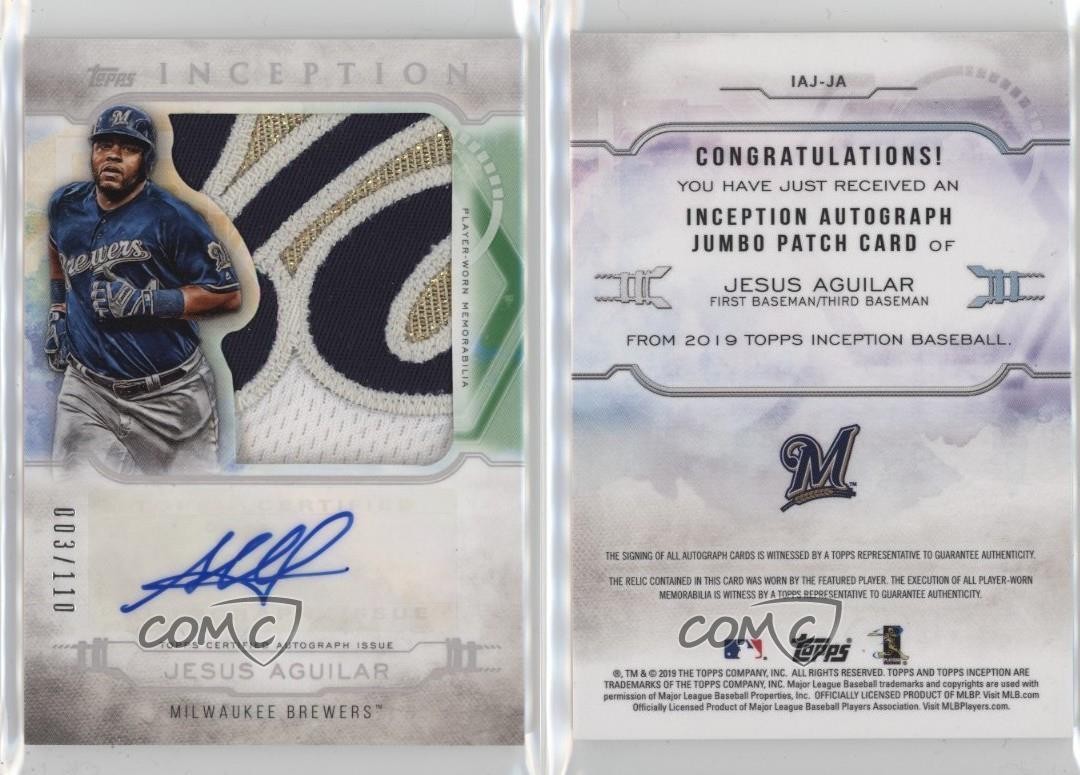 2019 Topps Inception /110 Jesus Aguilar #IAJ-JA Jumbo Patch Auto view 3