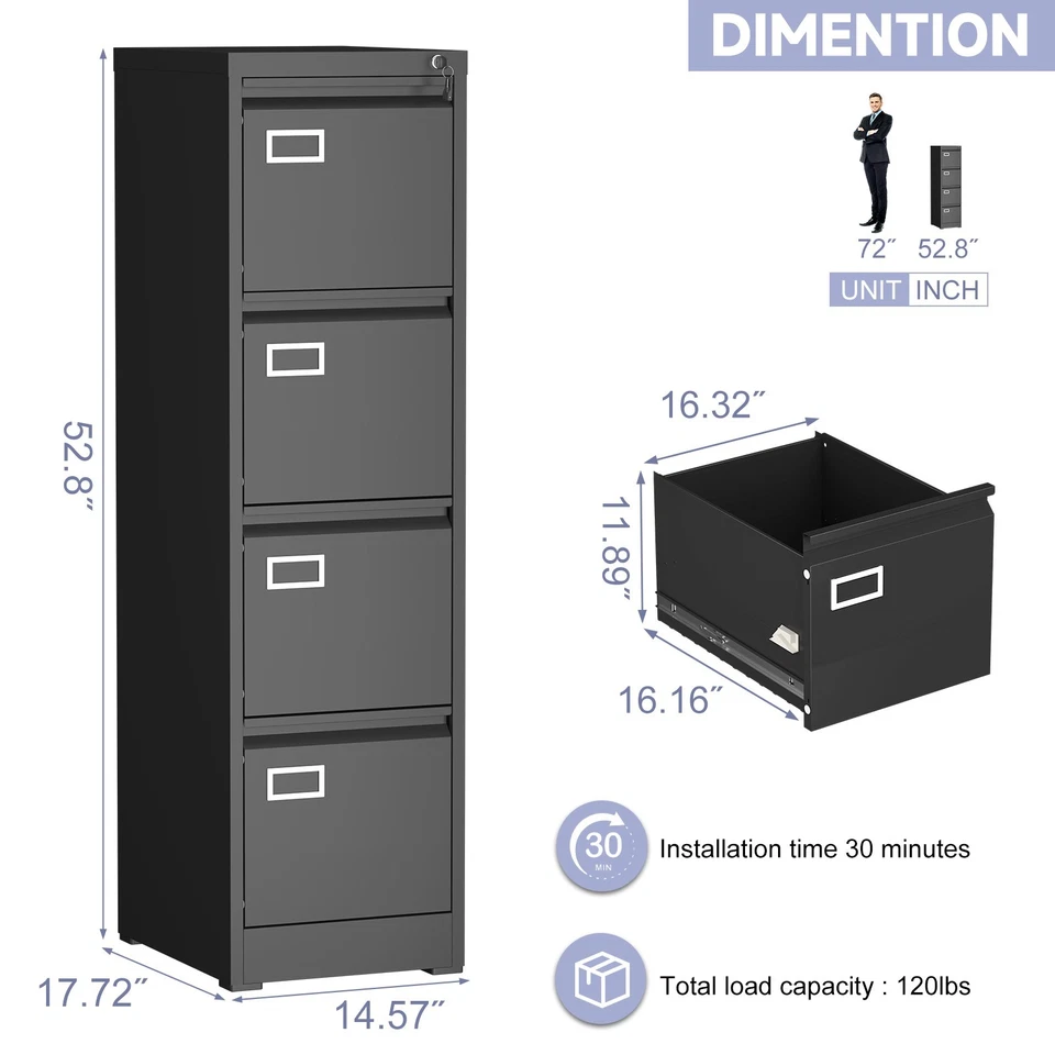 Archivador metálico de 4 cajones con cerradura, archivadores verticales para oficina en casa Foto 4 de 4