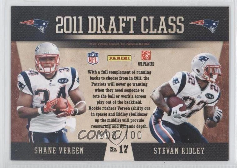 2011 Playoff Contenders Draft Class Gold Stevan Ridley Shane Vereen Rookie RC - Image 2 of 2