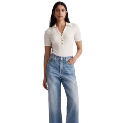 Madewell Sz XL Lighthouse Ribbed Short Sleeve Cream Polo Thong Bodysuit NWT
