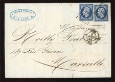 TB lettre de Lyon pour Marseille avec 2 Nap 20c bleu-noir Août 1856