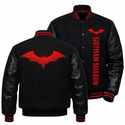 Men s Black Varsity Jacket Wool Body Leather Sleeves Red Bat Logo Gotham Hero