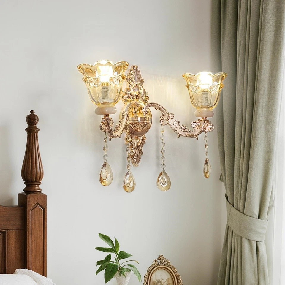 Aplique de pared dorado vintage de 2 luces con pantalla de vidrio floral regulable 3 colores Foto 2 de 4