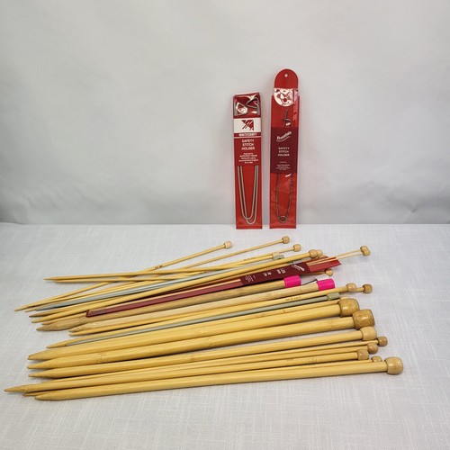Knitting Needles 15 Pairs Wooden & Bamboo Mixed Sizes 3 x Safety Stich Holders - Picture 1 of 10