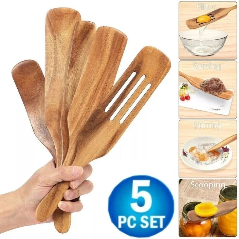 Spurtle Kitchen Cooking Utensil 5X Set Teak Wood Non Stick Wooden Spatula Spoon