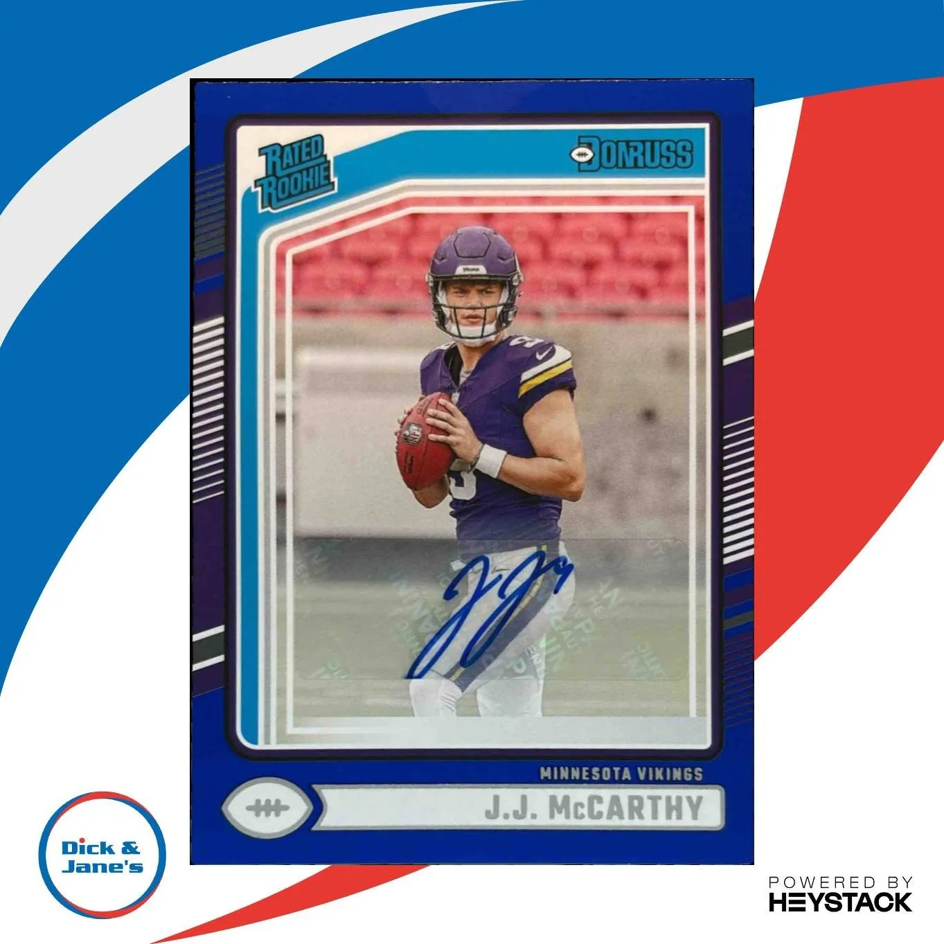 2024 Panini Donruss J.J. McCarthy Rated Rookie Auto Blue #303 Minnesota Vikings