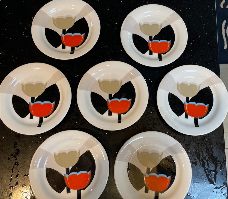 Lot of 7 Mikasa Uptrend Fanfare Cake Plates /Art Deco Floral Tulip