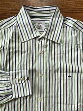 Lacoste green blue white striped button front shirt alligator 42 Mens L XL