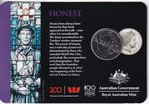 AUSTRALIAN: 2018  20 CENT COIN HONEST 100 YEARS OF ANZAC  #MH 304