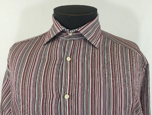 Thomas Dean Button Down Shirt Striped Burgundy Brown Flip Cuff Mens Size M - Picture 3 of 11
