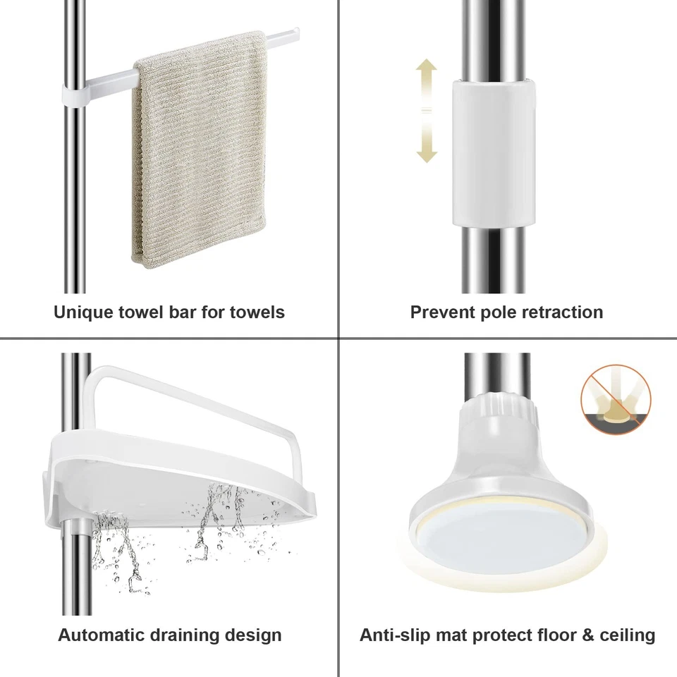 Carrito de ducha organizador de poste de tensión de 4 niveles de acero inoxidable sin taladro inquilino Foto 3 de 4
