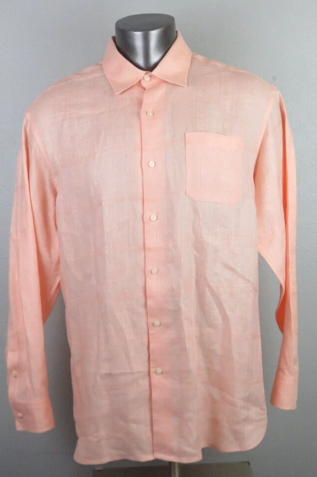 Mens Tommy Bahama Long Sleeve Button Front Shirt Pink Geometric Linen Size XL