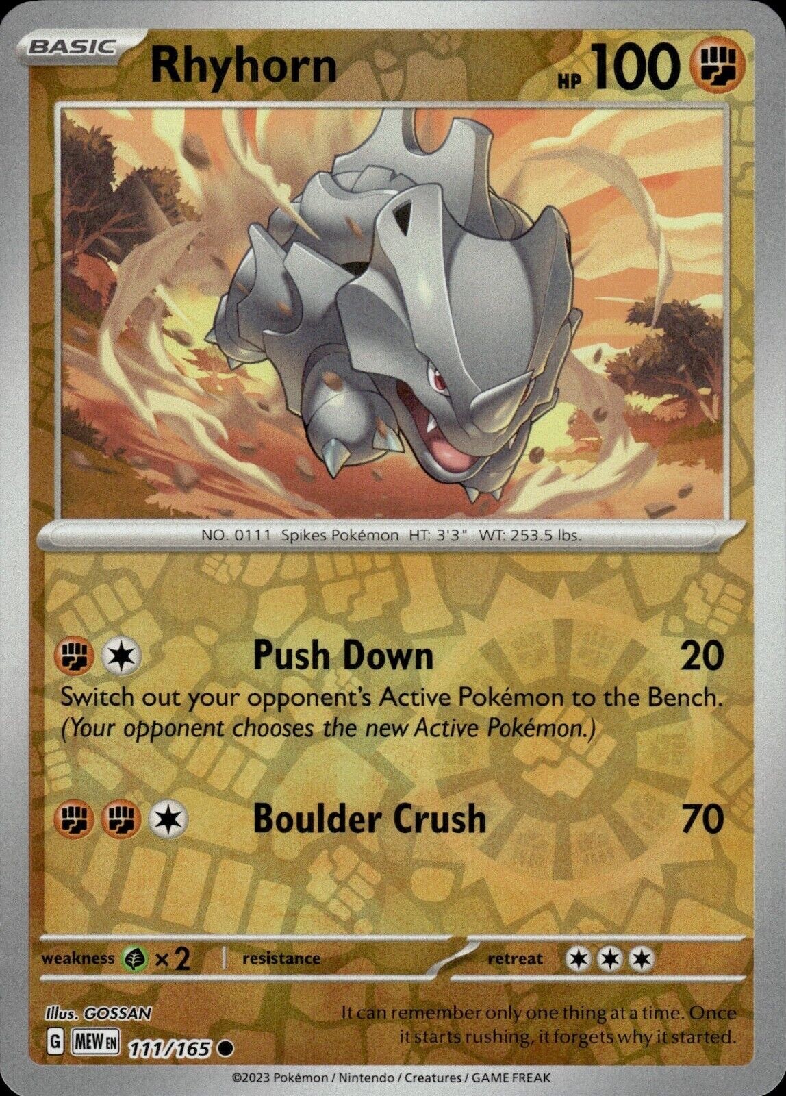 Pokémon  151 - Rhyhorn 111/165  - Reverse Holo - NM/M