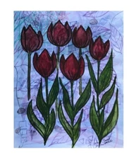 Original Watercolor Painting, Tulip Garden. Illustration.