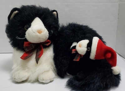VTG Walmart Fluffy Black & White Christmas Momma Cat & Kitten Stuffed Plush