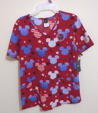 NWT Medium Disney Mickey Mouse Patriotic Stars V Neck Medical Scrub Top Women's