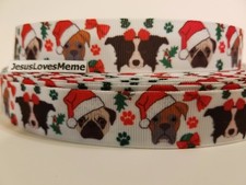 Grosgrain Ribbon Christmas Dogs Santa Hats Pug Border Collie Paw Prints 7/8"