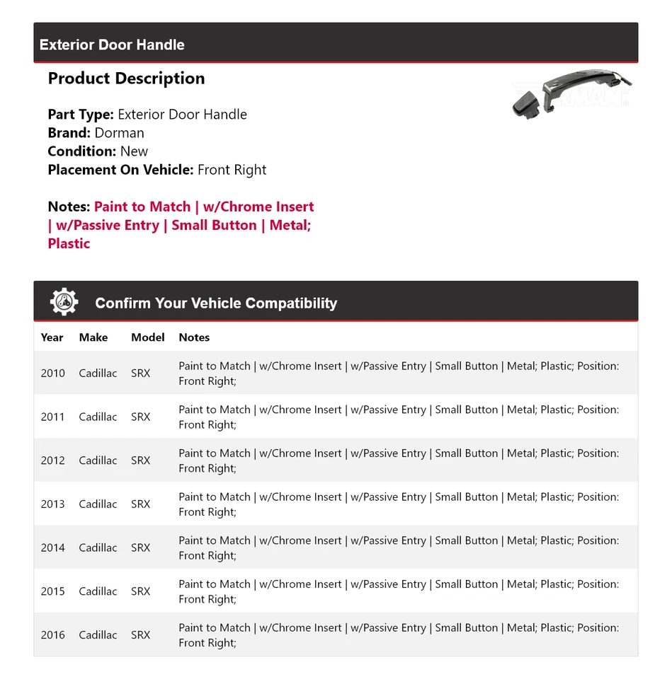 Manija de puerta exterior delantera derecha para Cadillac SRX Dorman 2010-2016 2011 2012 Foto 2 de 4