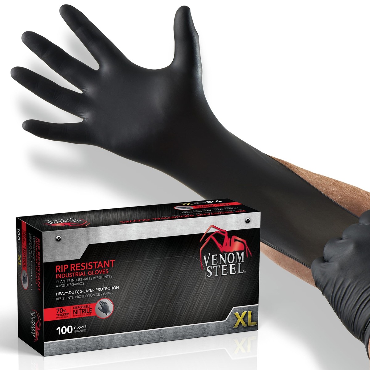 Venom Steel X Large 100 Pack Black Nitrile Disposable Gloves Heavy Duty
