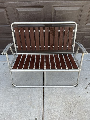 Vintage MCM Klappbare Aluminium Holz Latte Loveseat Doppelrasen Stuhl Veranda Terrasse