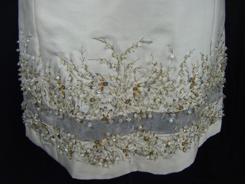 Vtg 60s Beige Shantung Silk Heavy Beaded Sheath Party Dress-Bust 37/XS-S - Picture 6 of 12