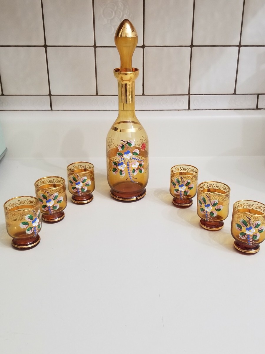 Vintage Italian Glass Wine Decanter Hand Painted Floral 6 Small