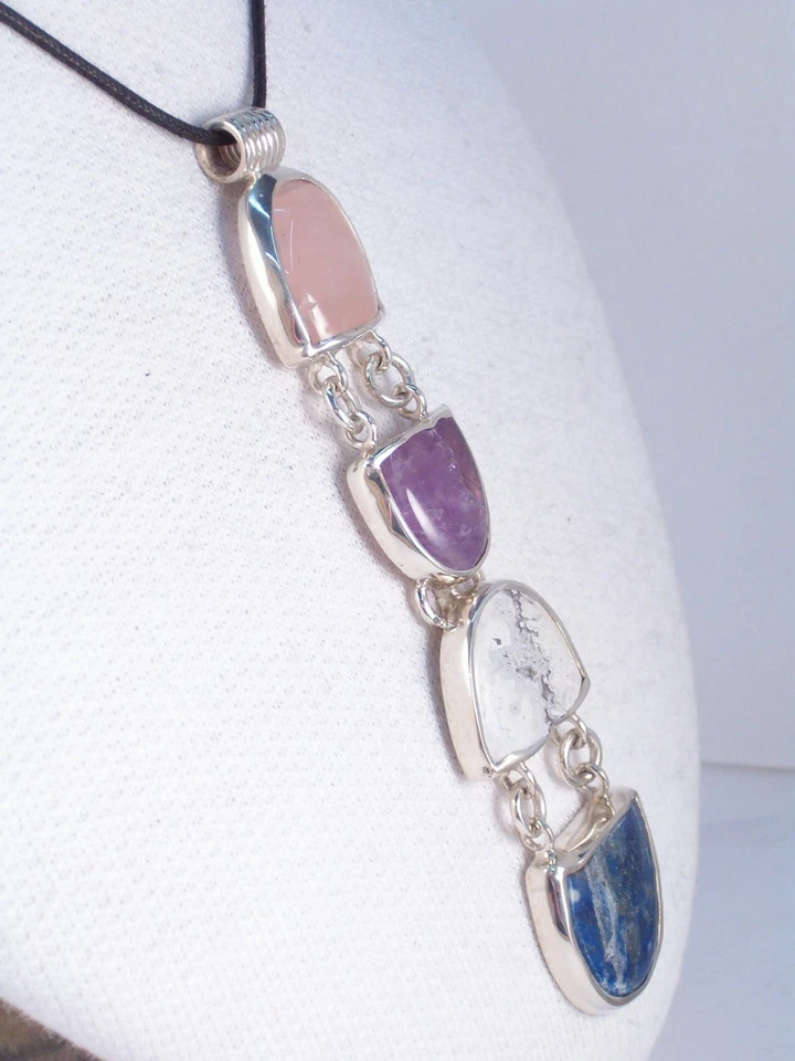 Ciondolo in ARGENTO 925 con PIETRE DURE naturali - Quarzo Rosa Sodalite Ametista - Immagine 3 di 4