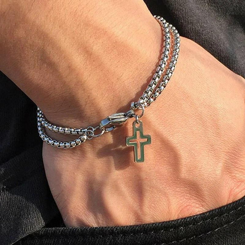 Stainless Steel Double Strand Hollow Cross Chain Charm Bracelet Men Punk  Jewelry