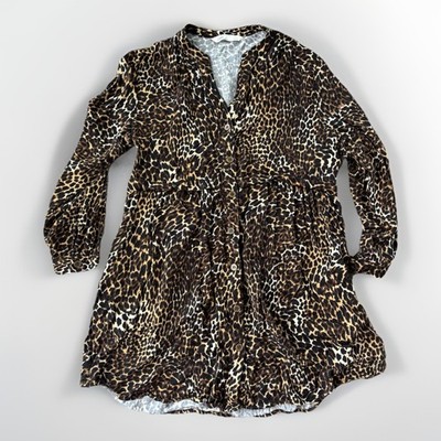 ZARA Z1975 Denim Animal Print Babydoll Dress Size M Long Sleeve Button Front
