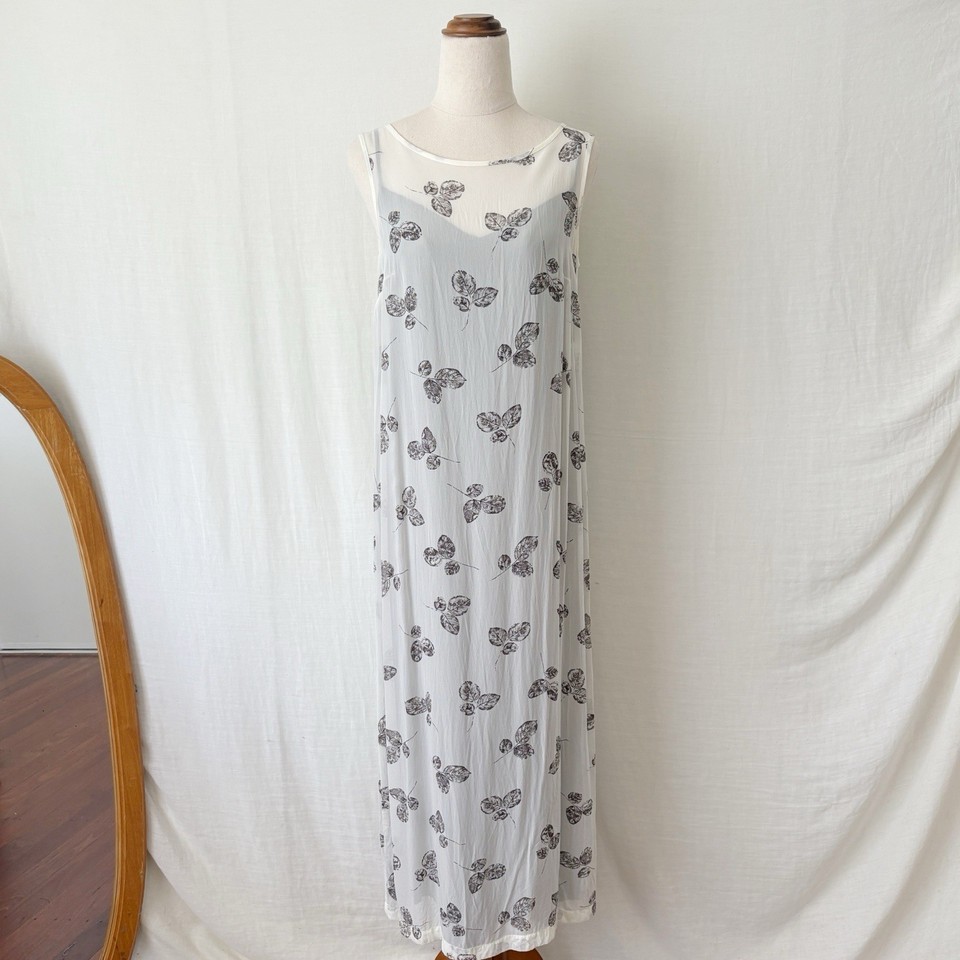 Country Road Maxi Dress Size 8-10 Grey Cream Leaf Sheer Slip Sleeveless Y2K Vtg