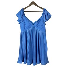Lulus Pleated Tiered V-Neck Mini Dress Blue Flutter Sleeve Cocktail Size L