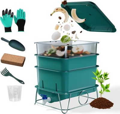 3-Tray 15L Worm Farm Composting Bin W/ Tool Set Efficient Indoor/Outdoor