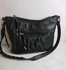 Stone Mountain Black Leather 3 Compartments Organizer Shoulder Bag 10.5x9x3.5"