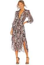 MISA Los Angeles Katija Floral Print Ruffle Midi Dress Size XS Puff Sleeve Black