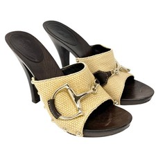 GUCCI Vintage Logo Horsebit Sandals Heels 36.5 Beige Brown Silver Cotton Wood